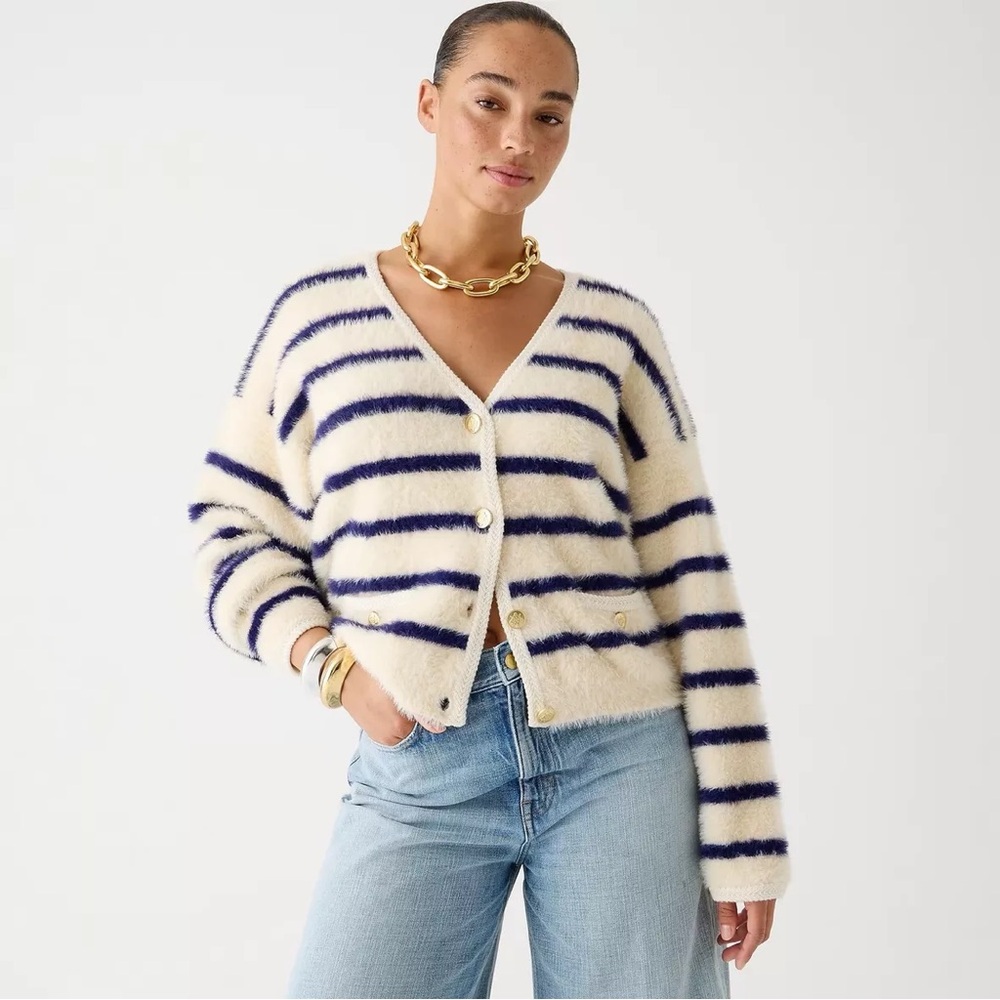 NWOT J.Crew Navy Ivory Stripe Brushed Fuzzy Yarn Sweater Cardigan